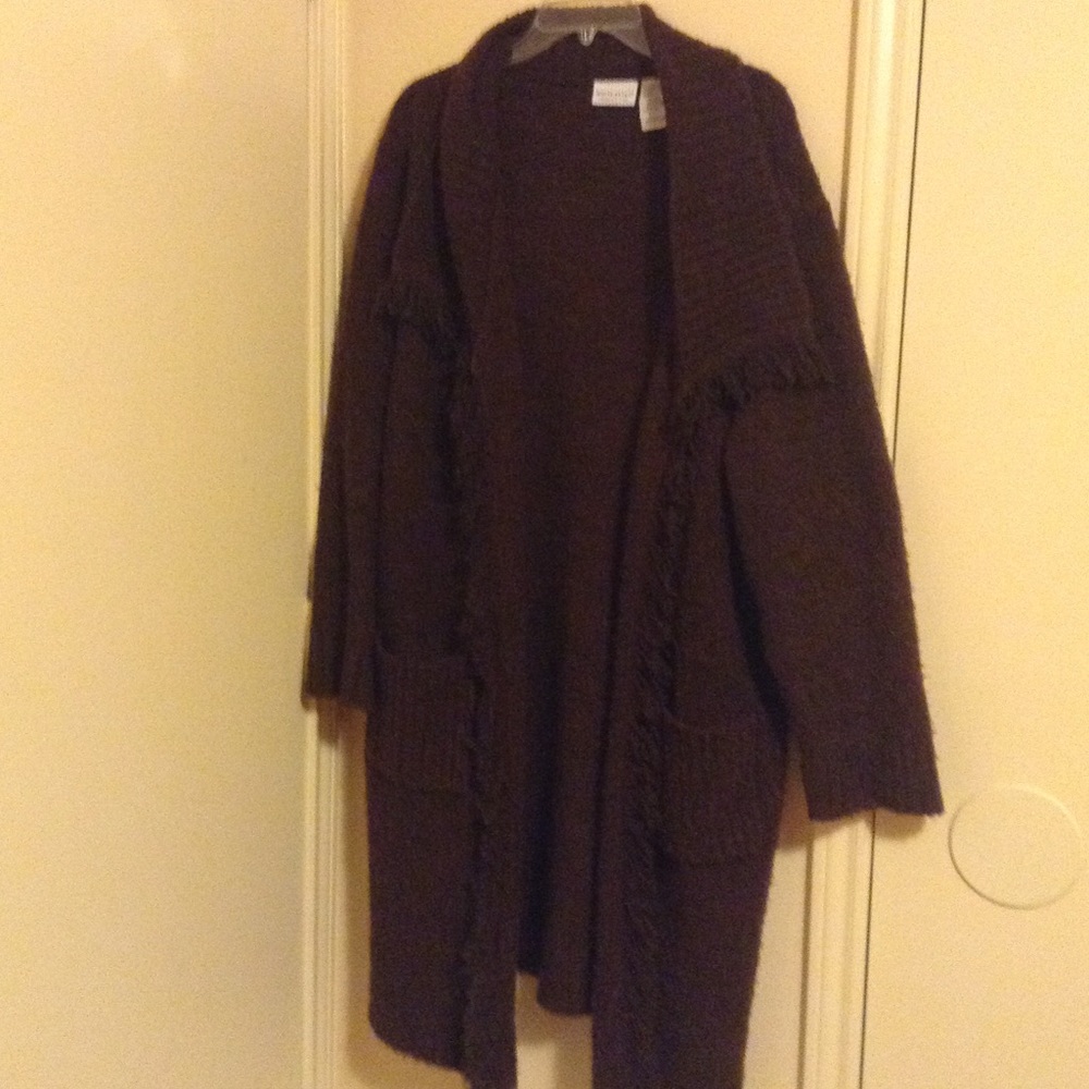 Brown fringed collar long duster sweater